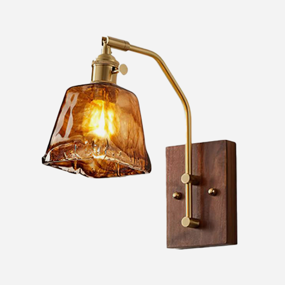 Everett Amber Ripple Wall Sconce | Amber Rippled Glass and Walnut Wood | Product studio shot on a white background showing the lit amber glass shade and walnut base | Severn Lighting