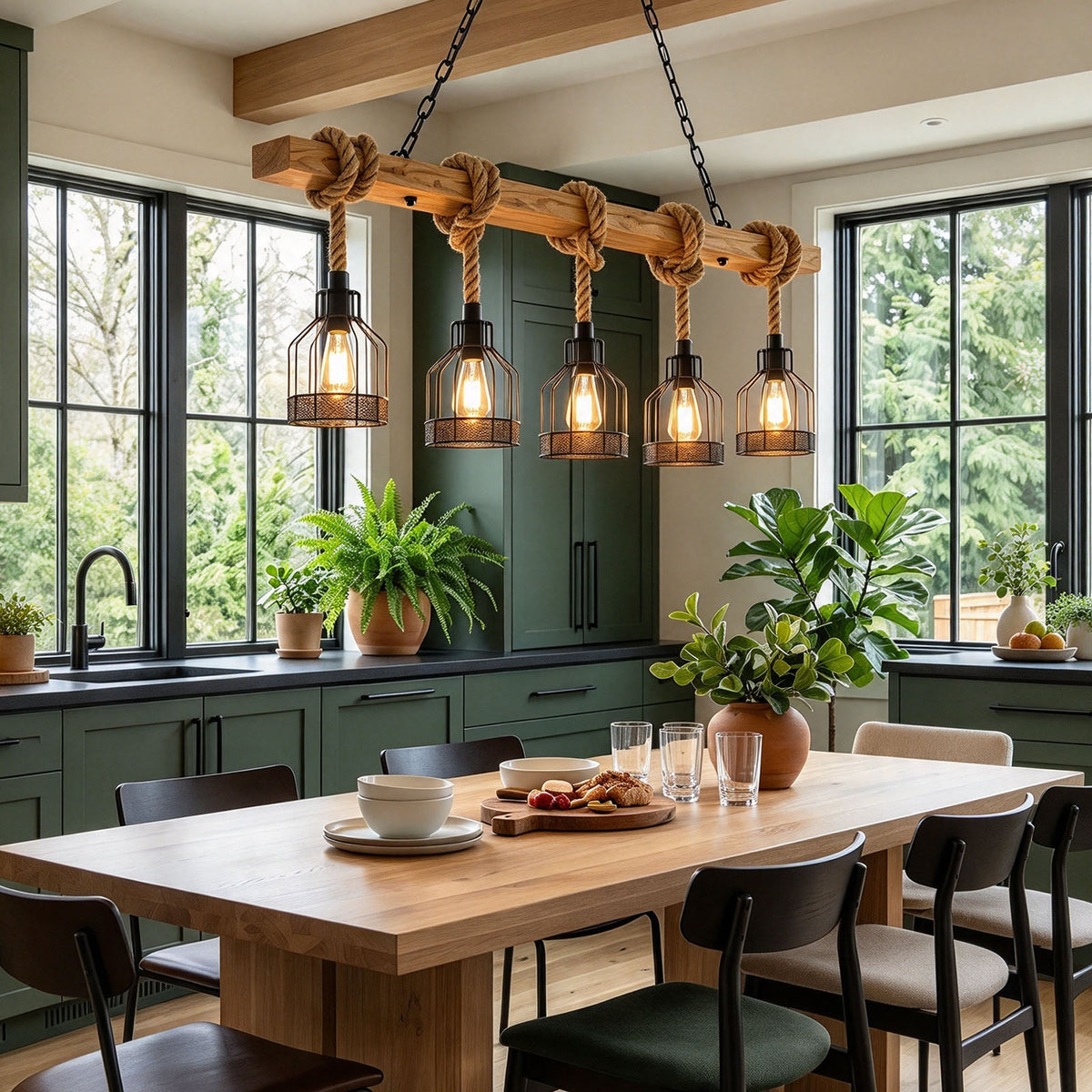 Fermaine Cage Chandelier | Wood, Rope, and Iron | Suspended over light wood dining table by large windows | Severn Lighting