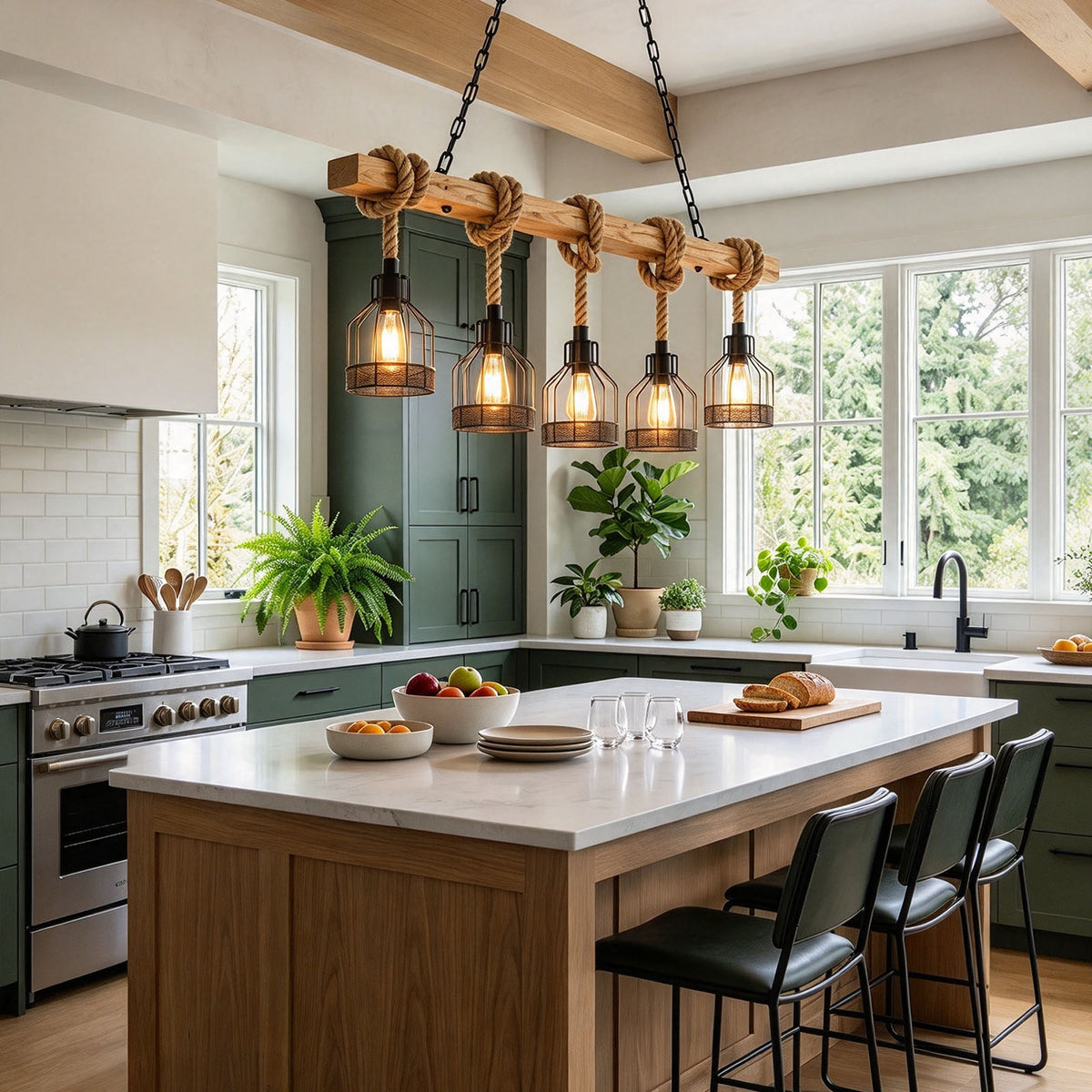 Fermaine Cage Chandelier | Wood, Rope, and Iron | Installed above kitchen island with stools in sunny home | Severn Lighting