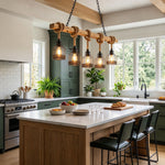 Fermaine Cage Chandelier | Wood, Rope, and Iron | Installed above kitchen island with stools in sunny home | Severn Lighting