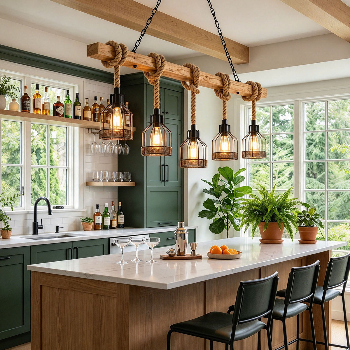 Fermaine Cage Chandelier | Wood, Rope, and Iron | Illuminated over kitchen island with green backsplash | Severn Lighting