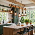 Fermaine Cage Chandelier | Wood, Rope, and Iron | Illuminated over kitchen island with green backsplash | Severn Lighting