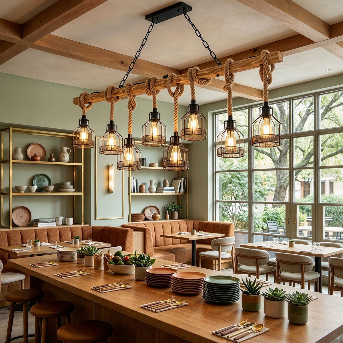Fermaine Cage Chandelier | Wood, Rope, and Iron | Hanging in dining room with exposed wood ceiling beams | Severn Lighting