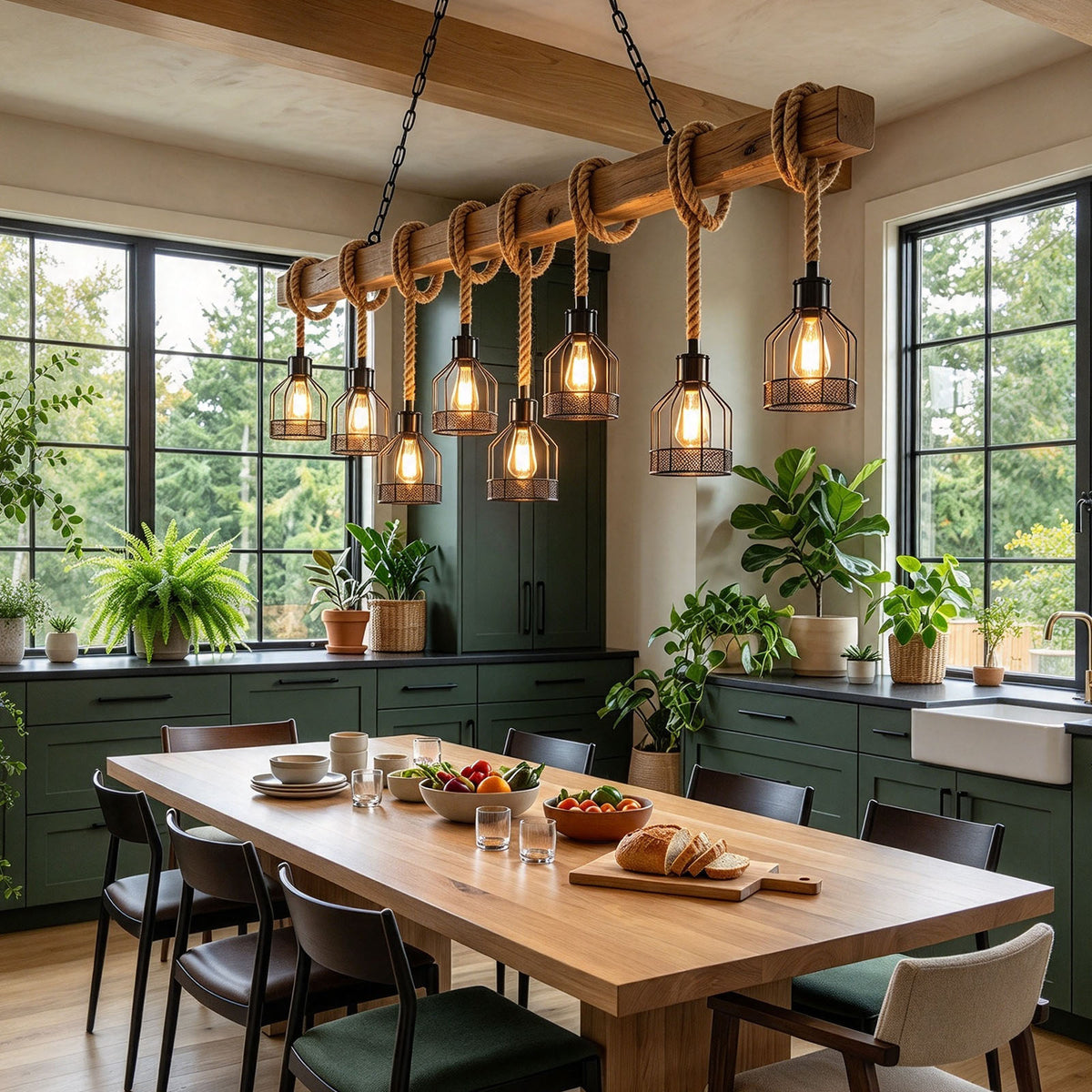 Fermaine Cage Chandelier | Wood, Rope, and Iron | Lit above a long wooden dining table with green wall | Severn Lighting