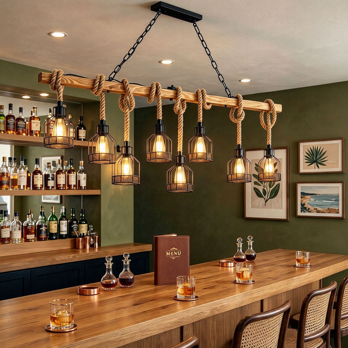 Fermaine Cage Chandelier | Wood, Rope, and Iron | Suspended above long communal table in cozy tavern bar | Severn Lighting