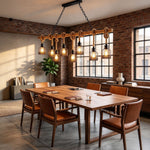Fermaine Cage Chandelier | Wood, Rope, and Iron | Hanging in industrial dining room with exposed brick wall | Severn Lighting