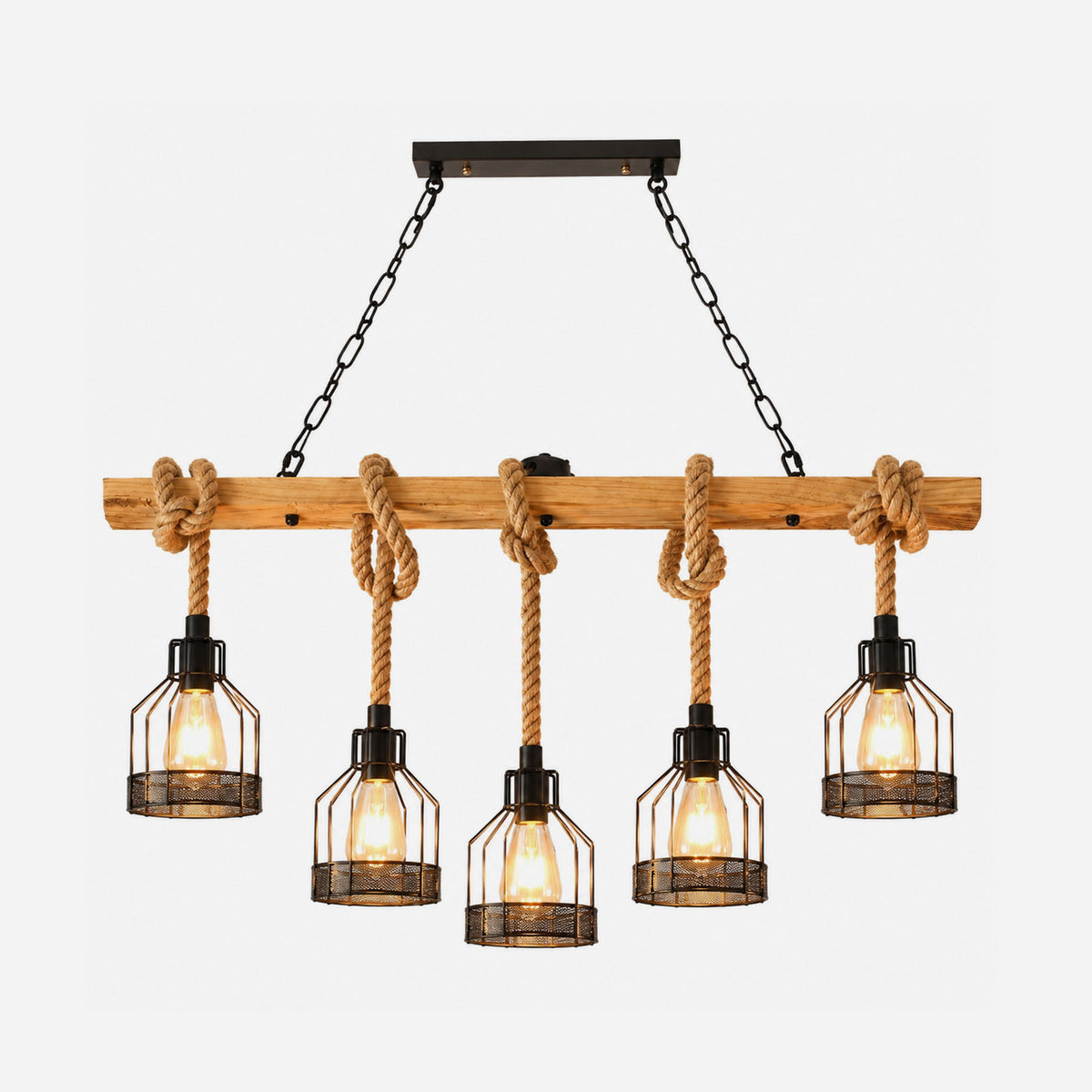 Fermaine Cage Chandelier | Wood, Rope, and Iron | 5-light model illuminated on pure white background | Severn Lighting