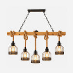 Fermaine Cage Chandelier | Wood, Rope, and Iron | 5-light model illuminated on pure white background | Severn Lighting