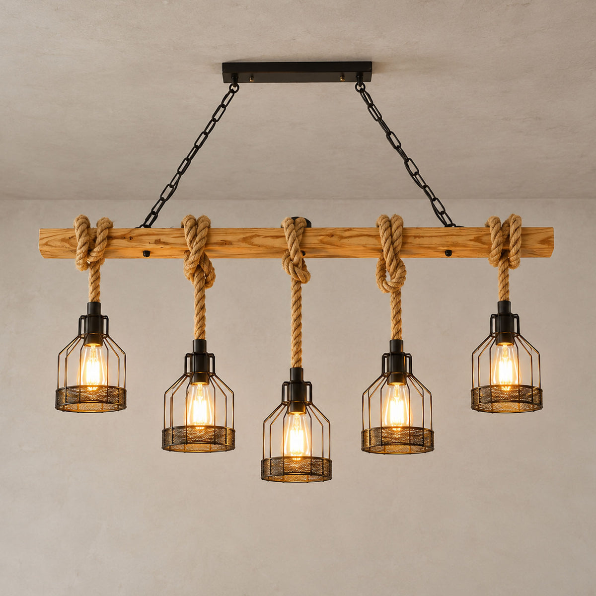 Fermaine Cage Chandelier | Wood, Rope, and Iron | Full 5-light fixture hanging against grey plaster wall | Severn Lighting
