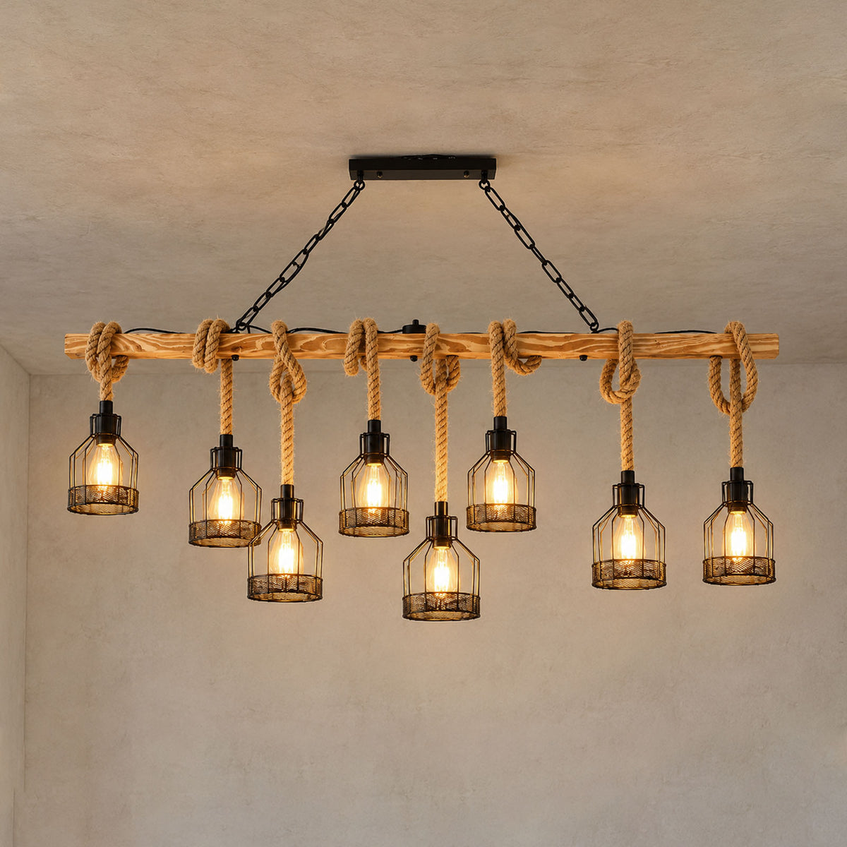 Fermaine Cage Chandelier | Wood, Rope, and Iron | Multi-light long beam model illuminated on textured wall | Severn Lighting