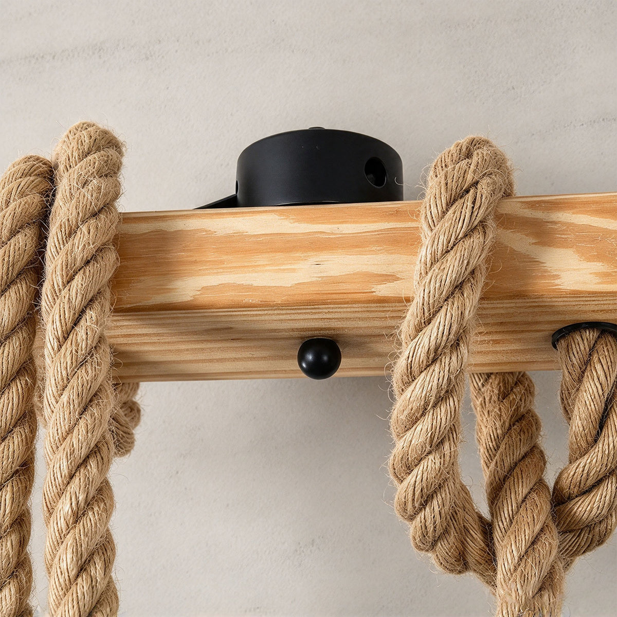 Fermaine Cage Chandelier | Solid Wood and Hemp Rope | Close-up of twisted rope wrapped around timber beam | Severn Lighting
