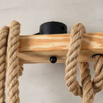 Fermaine Cage Chandelier | Solid Wood and Hemp Rope | Close-up of twisted rope wrapped around timber beam | Severn Lighting