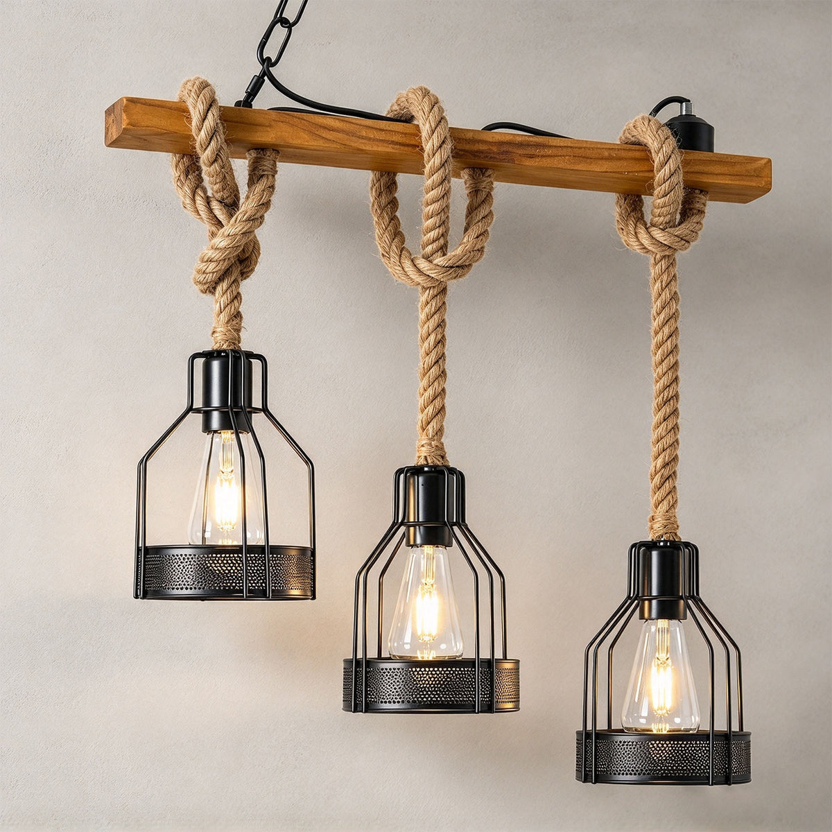 Fermaine Cage Chandelier | Wood, Rope, and Iron | 3-light compact model hanging against neutral wall | Severn Lighting
