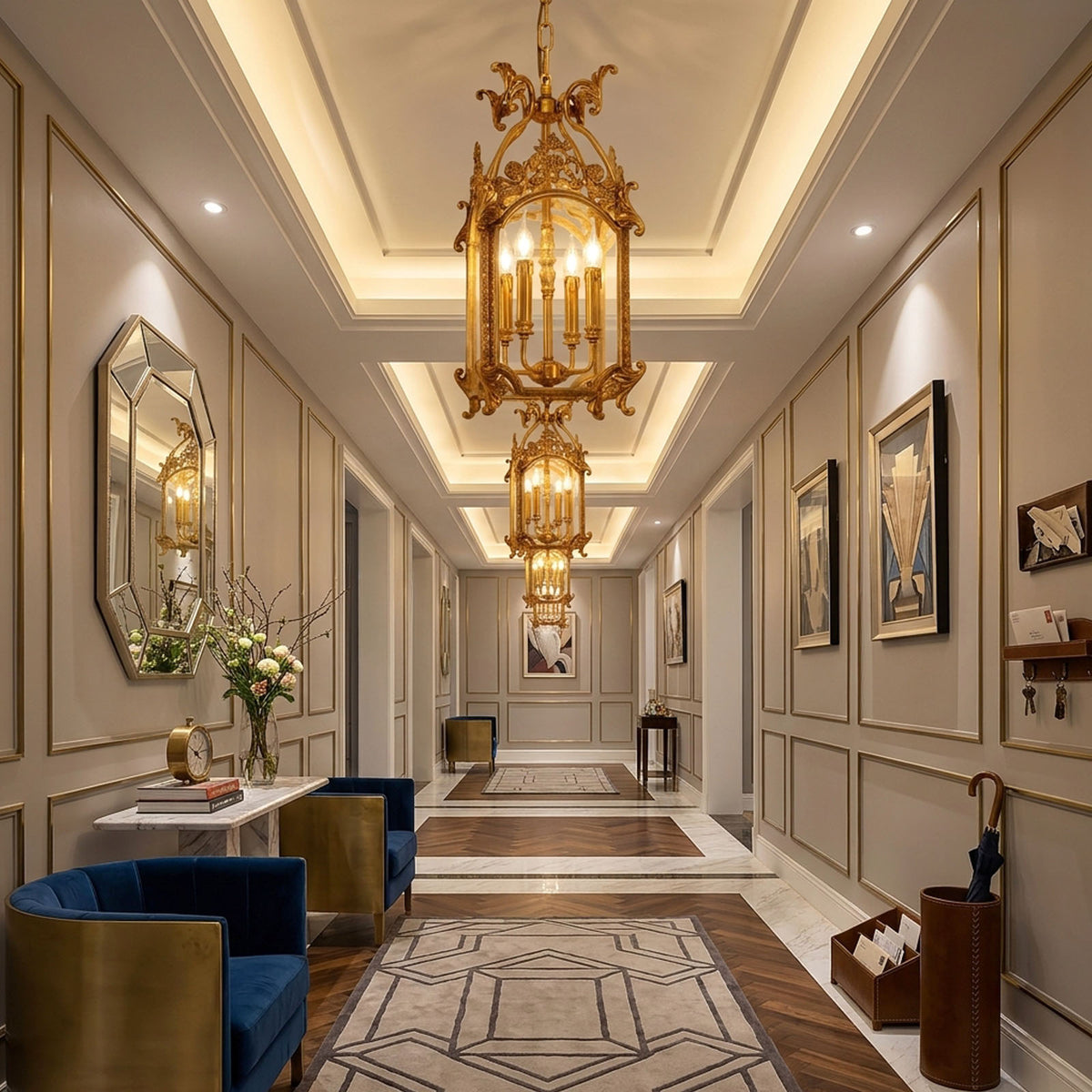 Florian Fretwork Brass Lantern Pendant Light | Glass and Brass | Illuminating a grand hallway corridor with a patterned runner rug | Severn Lighting