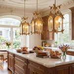 Florian Fretwork Brass Lantern Pendant Light | Glass and Brass | Trio of lanterns suspended in a classic kitchen over a spacious island | Severn Lighting
