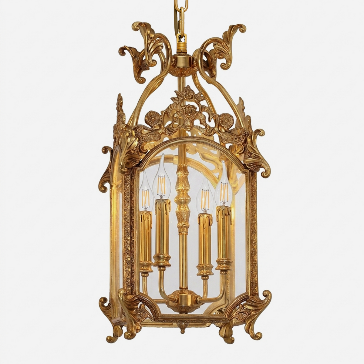 Florian Fretwork Brass Lantern Pendant Light | Glass and Brass | Front full view on a pure white background, unlit | Severn Lighting