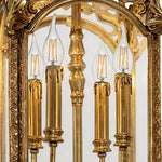 Florian Fretwork Brass Lantern Pendant Light | Glass and Brass | Close-up view of the interior candle sockets and clear glass panels | Severn Lighting