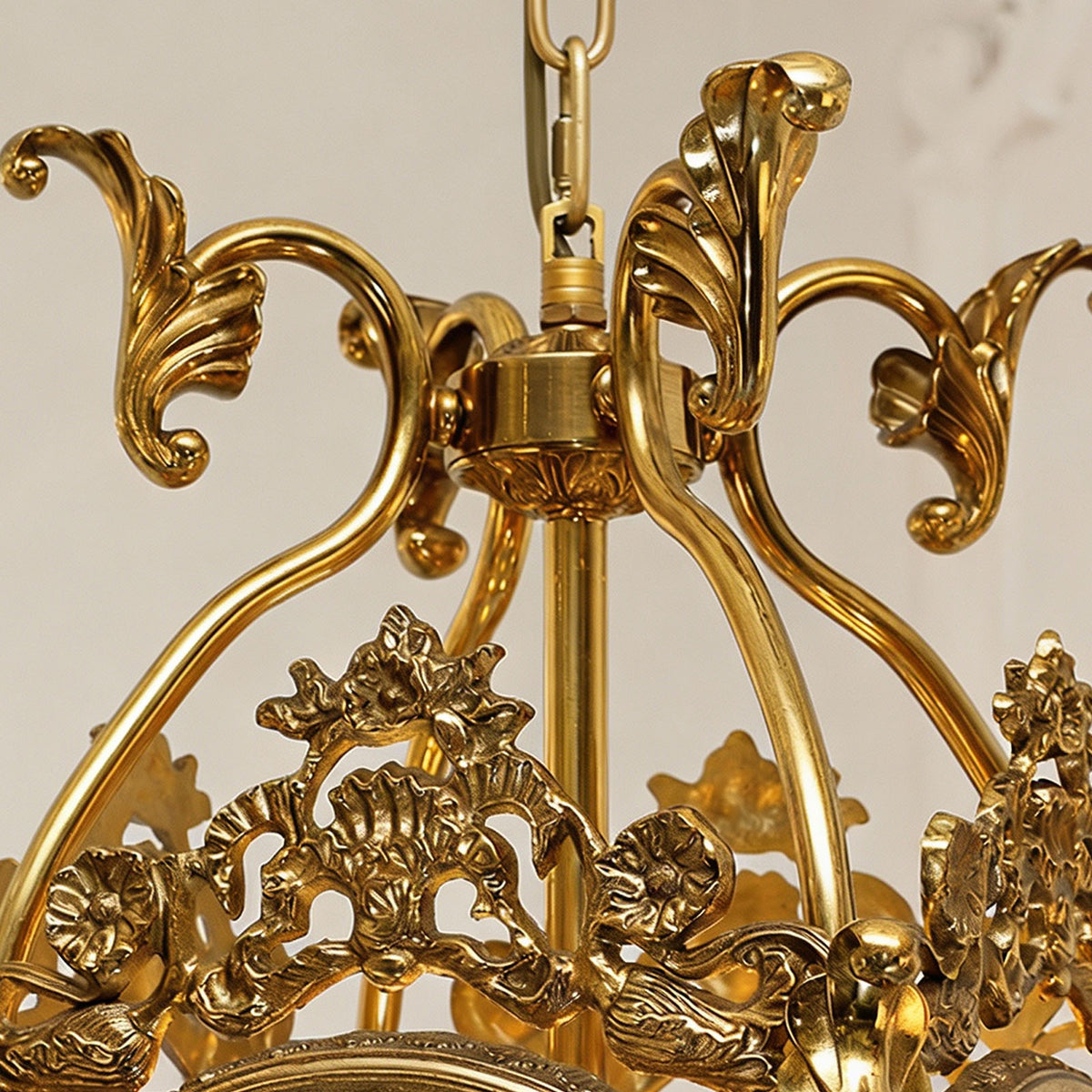 Florian Fretwork Brass Lantern Pendant Light | Glass and Brass | Close-up detail showing the ornate carved brass scrollwork crown | Severn Lighting