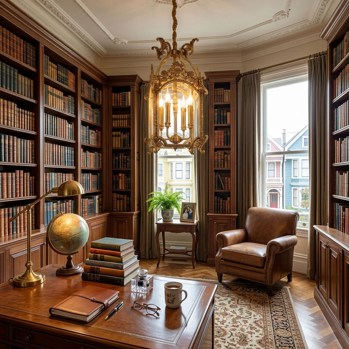 Florian Fretwork Brass Lantern Pendant Light | Glass and Brass | Centered in a dark wood home office library with an executive desk | Severn Lighting