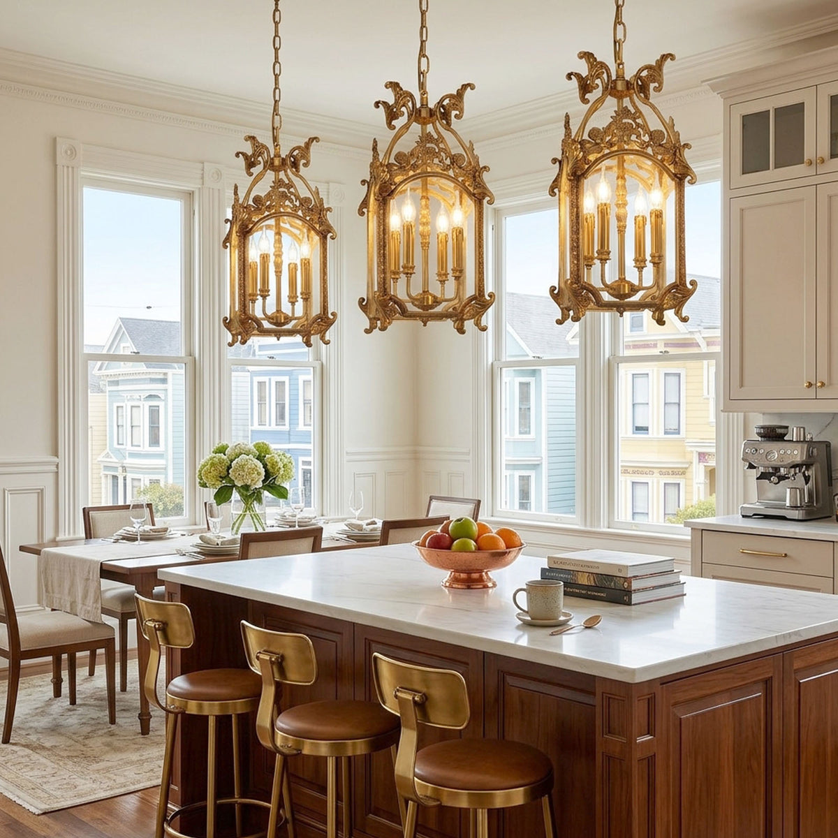 Florian Fretwork Brass Lantern Pendant Light | Glass and Brass | Displayed above a kitchen island with wooden bar stools and large windows | Severn Lighting