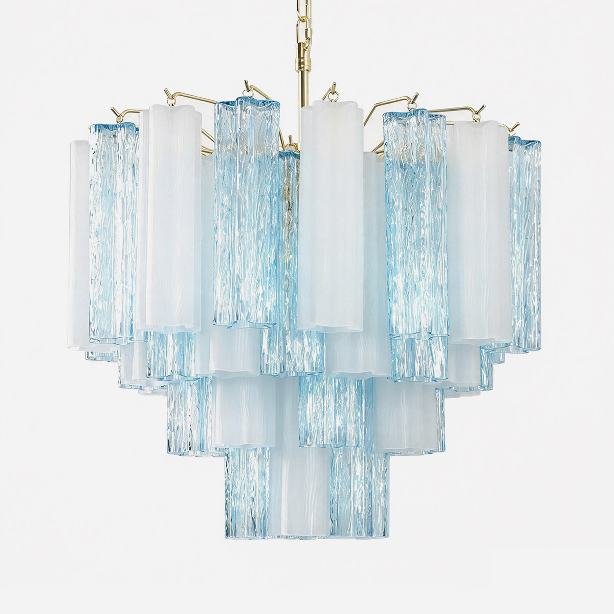 Givrane Two-Tone Glass Tube Tiered Chandelier | Two-Tone Glass and Brass | Front full view on a pure white background | Severn Lighting