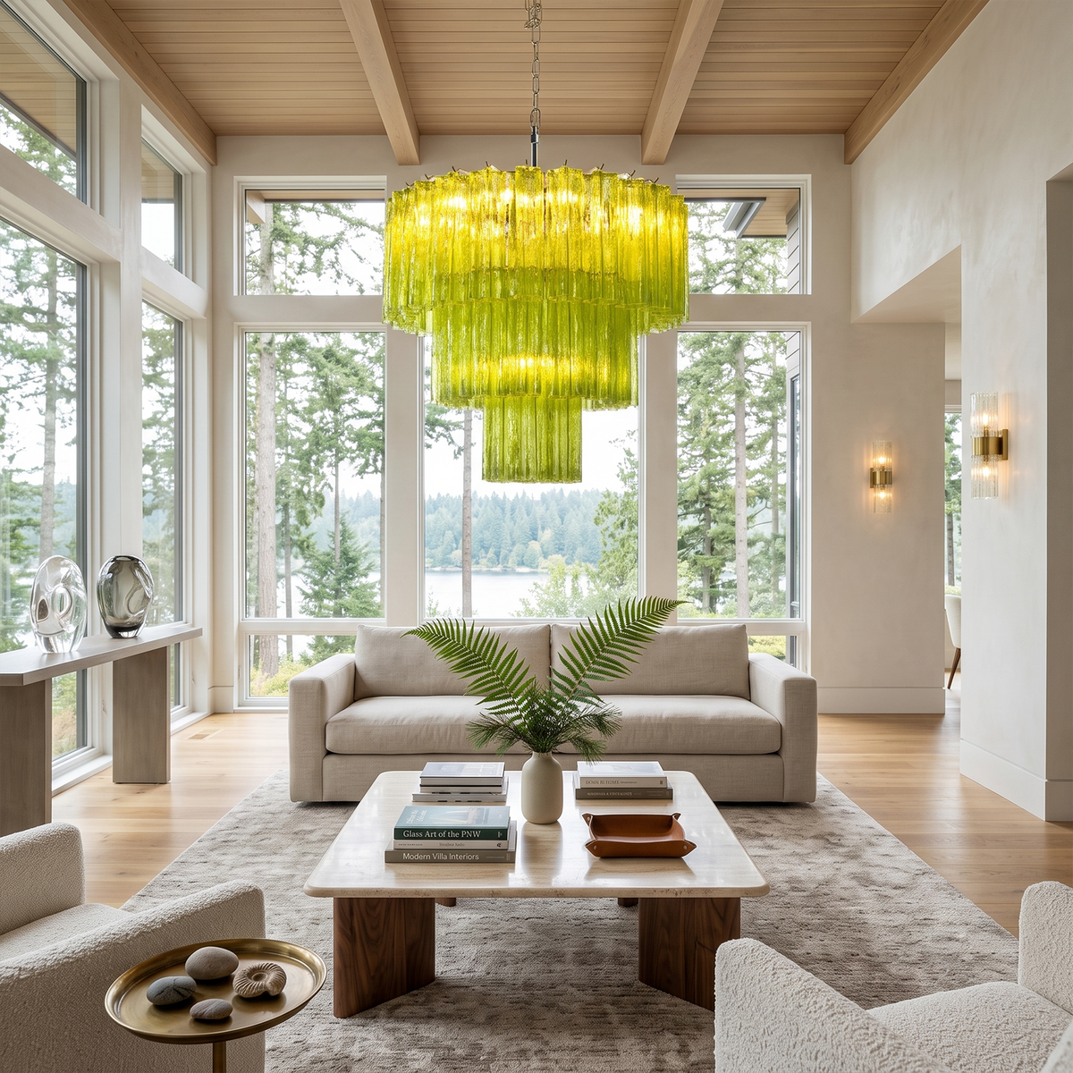 Green Glacier Tier Chandelier | Textured Green Glass | Illuminating a spacious high-ceiling living room with a beige sofa and panoramic outdoor views | Severn Lighting
