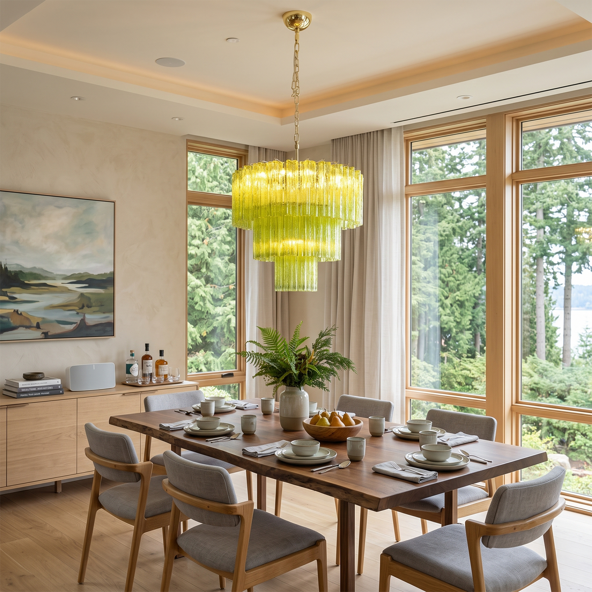 Green Glacier Tier Chandelier | Textured Green Glass | Hanging above a long wooden dining table in a contemporary dining room with large windows | Severn Lighting