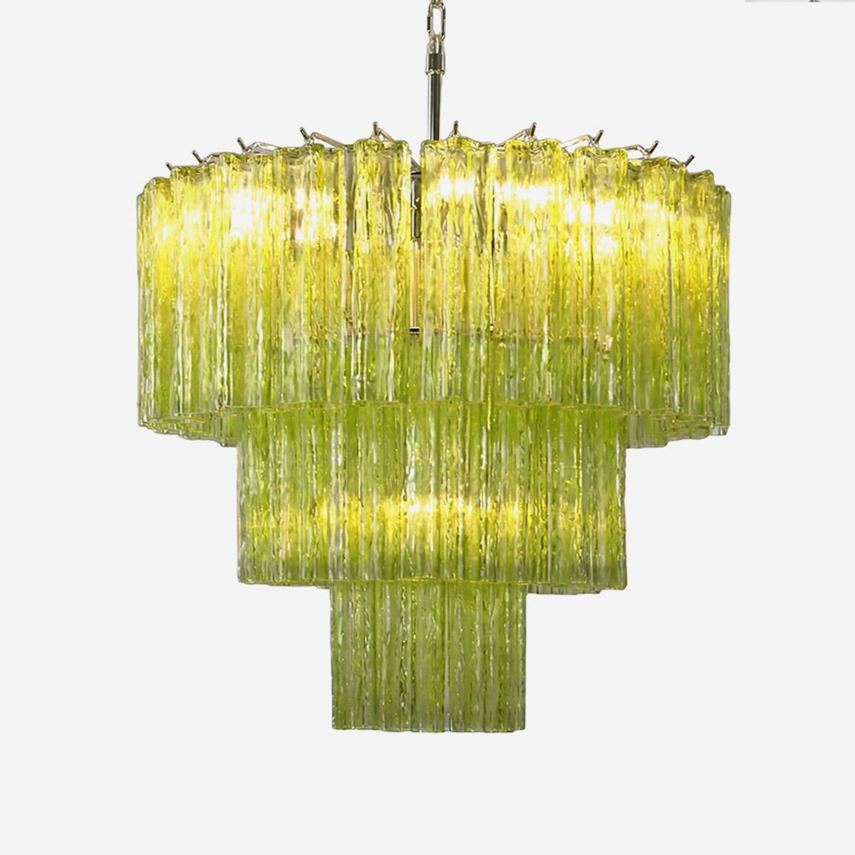 Green Glacier Tier Chandelier | Textured Green Glass | Full front view of the glowing three-tier luxury fixture isolated on a clean white background | Severn Lighting