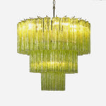 Green Glacier Tier Chandelier | Textured Green Glass | Full front view of the glowing three-tier luxury fixture isolated on a clean white background | Severn Lighting