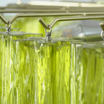 Green Glacier Tier Chandelier | Textured Green Glass | Detailed view of the internal metal frame and individual glass slats hanging from hardware hooks | Severn Lighting
