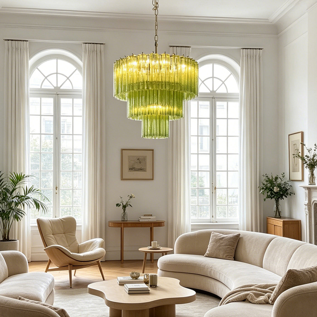Green Glacier Tier Chandelier | Textured Green Glass | Styled in an elegant bright living room featuring grand white arched windows and a curved sofa | Severn Lighting