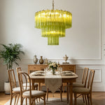 Green Glacier Tier Chandelier | Textured Green Glass | Centered above a formal wooden dining room set with matching chairs and a wooden sideboard | Severn Lighting