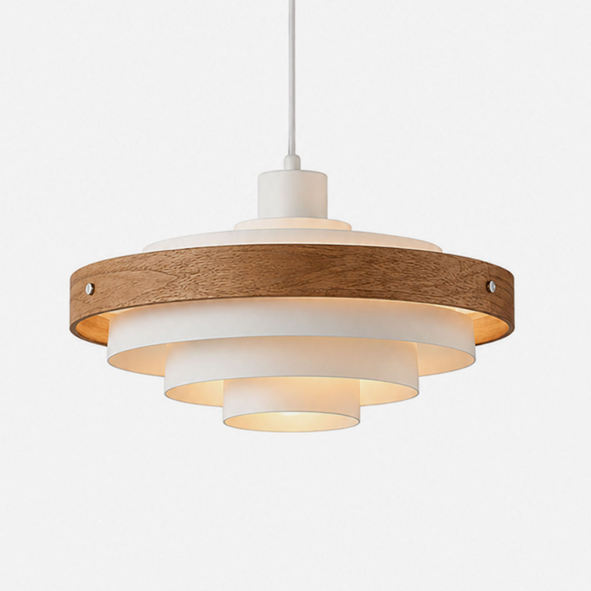 Holmvik Walnut Ring Tiered Metal Pendant Light | Walnut Wood and Metal | Studio view of the white finish variant with light wood ring, illuminated | Severn Lighting