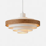 Holmvik Walnut Ring Tiered Metal Pendant Light | Walnut Wood and Metal | Studio view of the white finish variant with light wood ring, illuminated | Severn Lighting