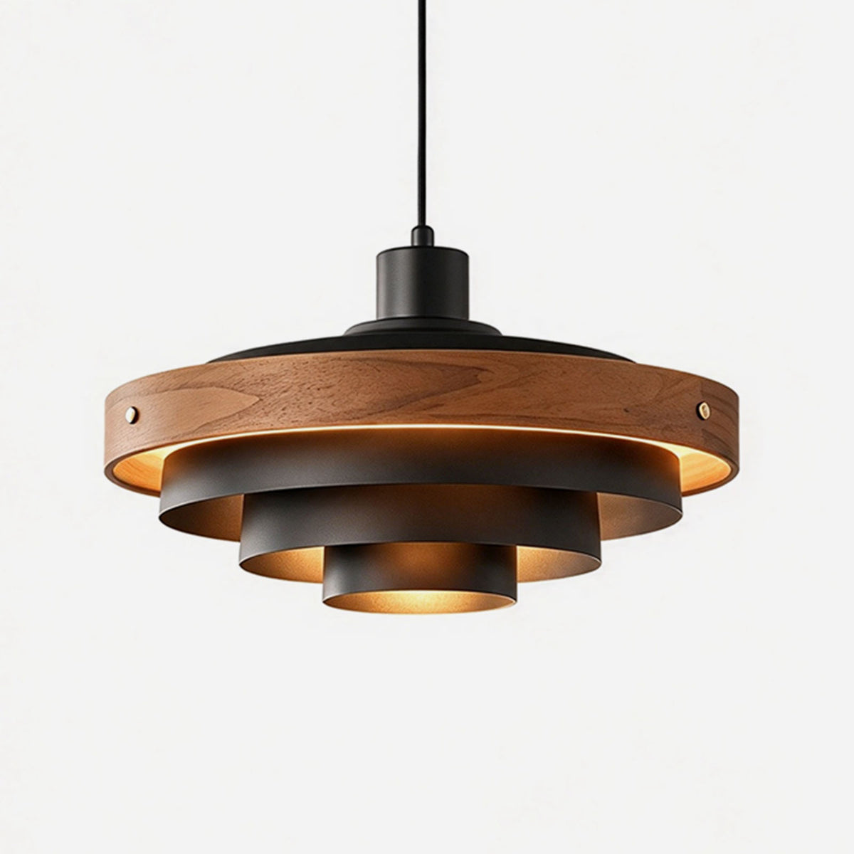  Holmvik Walnut Ring Tiered Metal Pendant Light | Walnut Wood and Metal | Front full view of black finish on a pure white background, illuminated | Severn Lighting