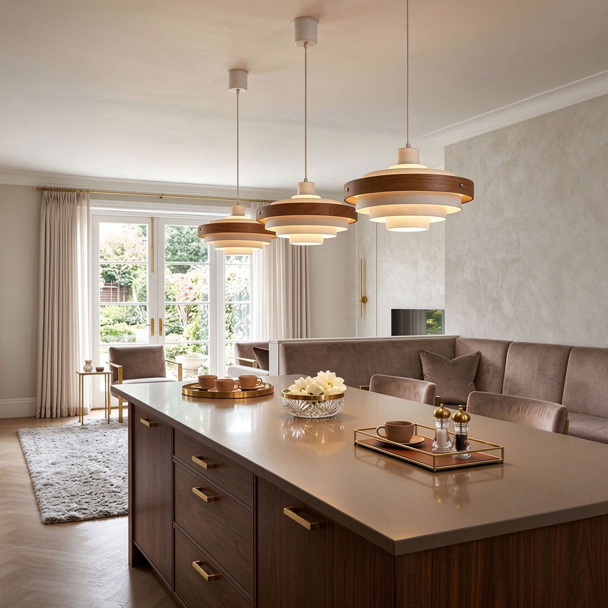 Holmvik Walnut Ring Tiered Metal Pendant Light | Walnut Wood and Metal | Trio of pendant lights suspended above a kitchen island counter | Severn Lighting