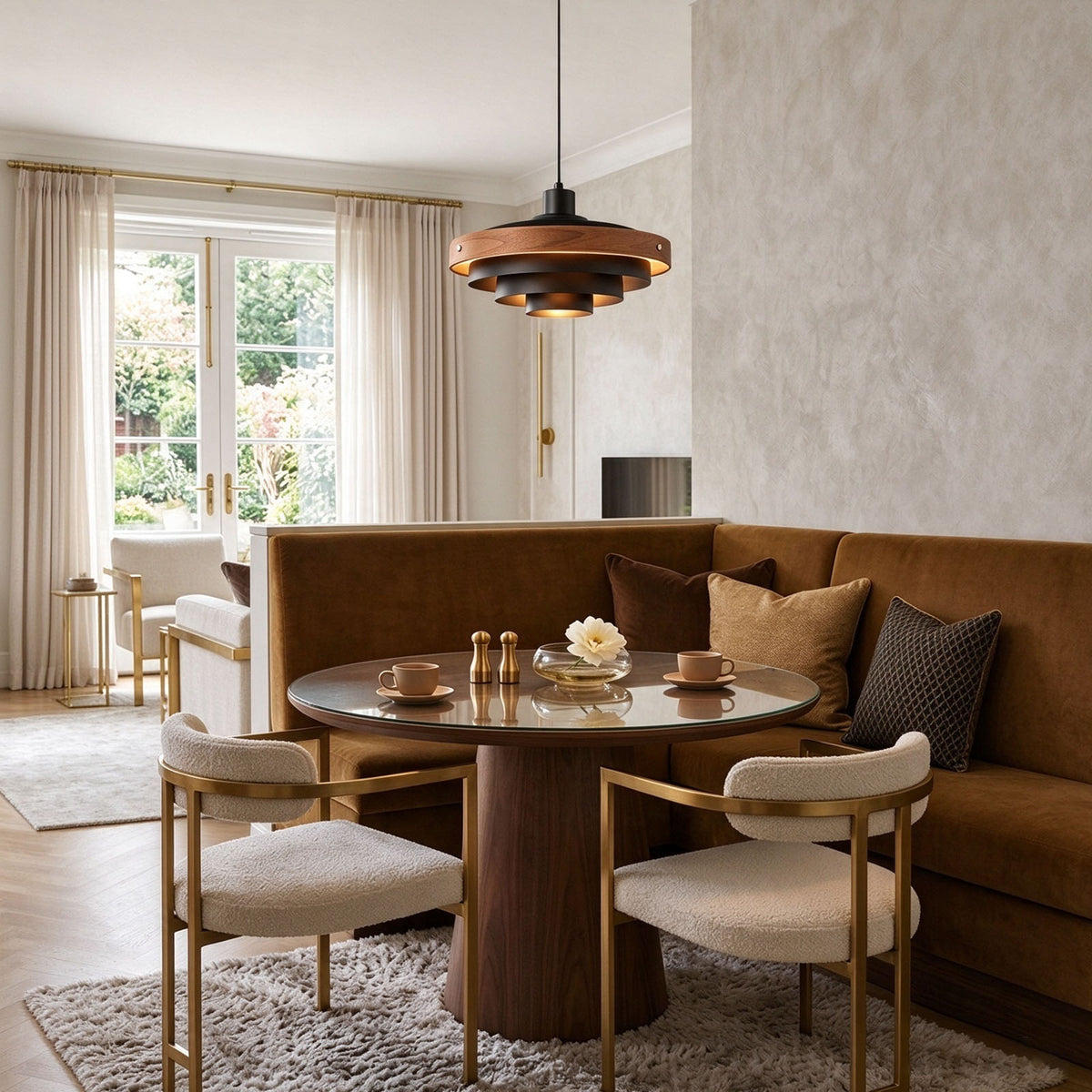 Holmvik Walnut Ring Tiered Metal Pendant Light | Walnut Wood and Metal | Centered above a round dining table with curved banquette booth seating | Severn Lighting