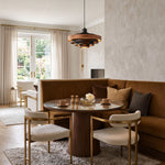 Holmvik Walnut Ring Tiered Metal Pendant Light | Walnut Wood and Metal | Centered above a round dining table with curved banquette booth seating | Severn Lighting