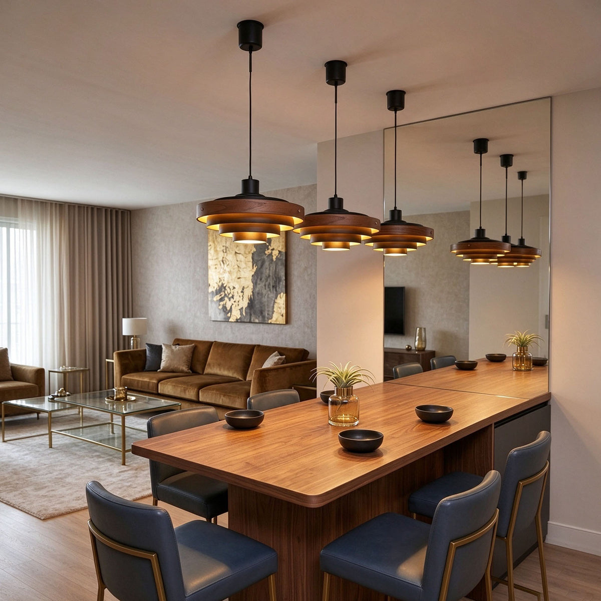 Holmvik Walnut Ring Tiered Metal Pendant Light | Walnut Wood and Metal | Hanging over a long wooden dining table reflected in a large wall mirror | Severn Lighting