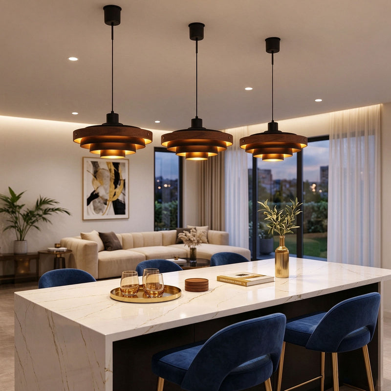Walnut ring tiered pendant lights over a white kitchen island