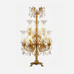 Isambard Candelabra Table Lamp | Cut Crystal and Brass | Front full view on a pure white background, illuminated | Severn Lighting