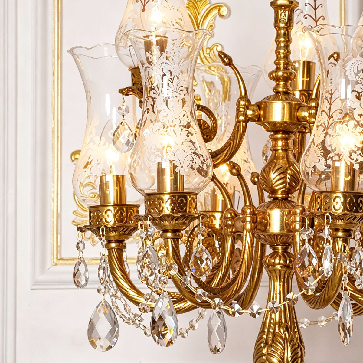 Isambard Candelabra Table Lamp | Cut Crystal and Brass | Medium close-up showing illuminated candle tiers and glass shades | Severn Lighting