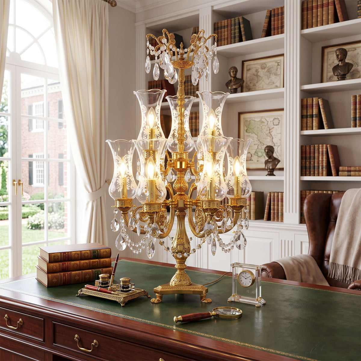 Isambard Candelabra Table Lamp | Cut Crystal and Brass | Illuminating a dark green leather executive desk in a library | Severn Lighting