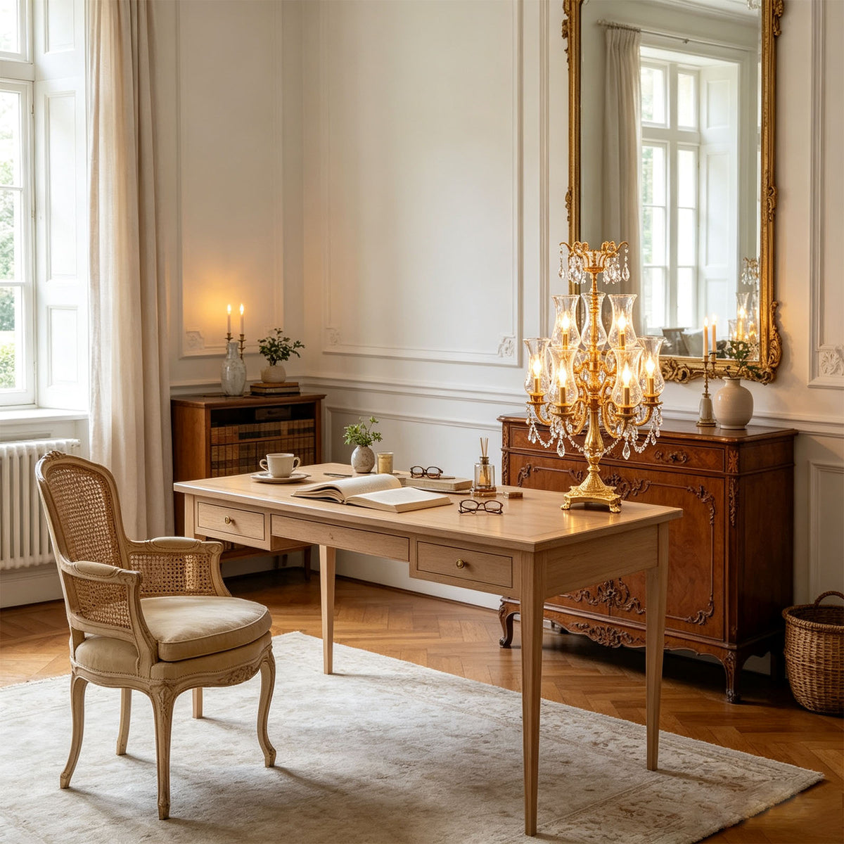 Isambard Candelabra Table Lamp | Cut Crystal and Brass | Styled on a light wooden desk in an elegant home office | Severn Lighting