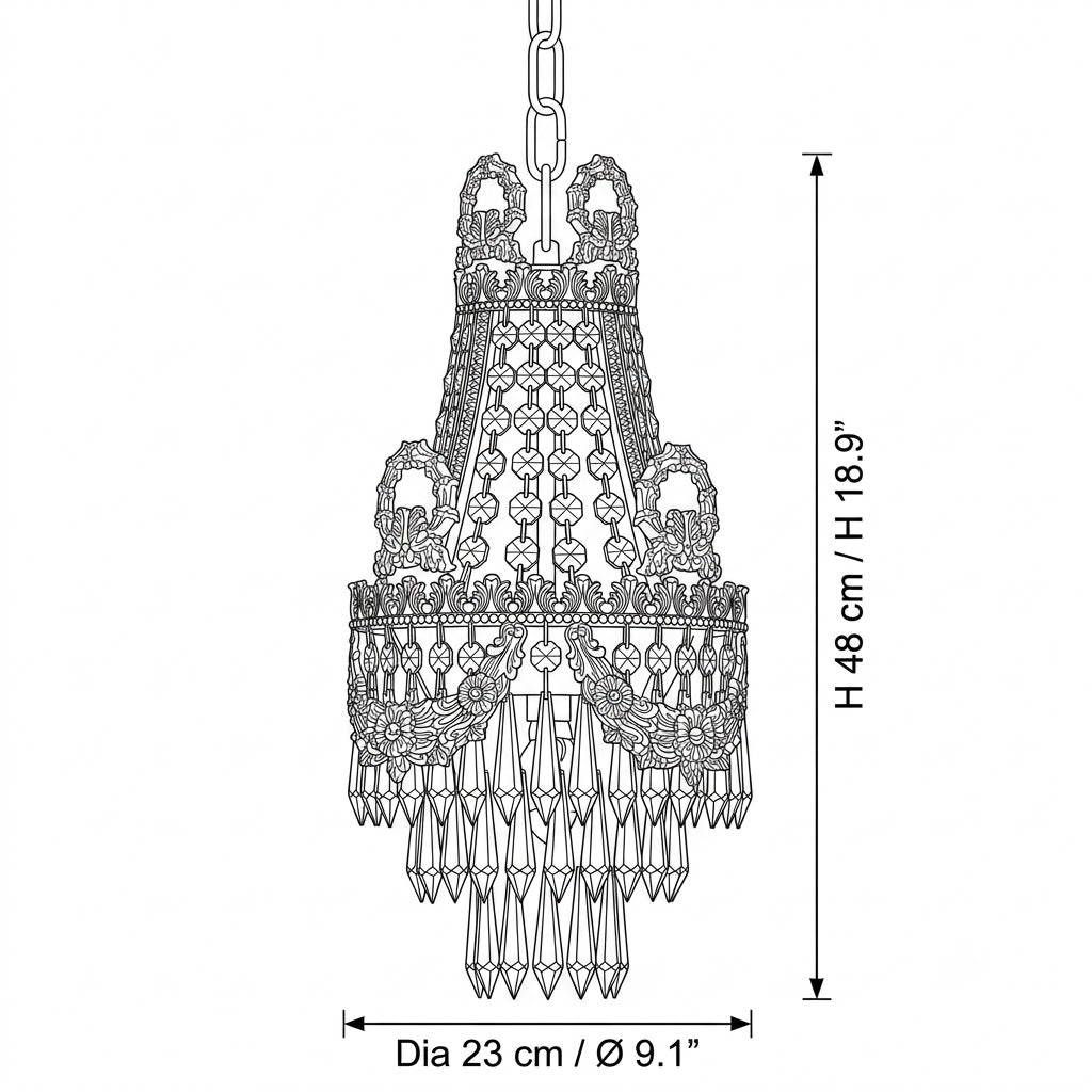 Isambard Crowned Crystal Basket Pendant Light | Cut Crystal and Brass | Technical dimension diagram showing height and width measurements | Severn Lighting