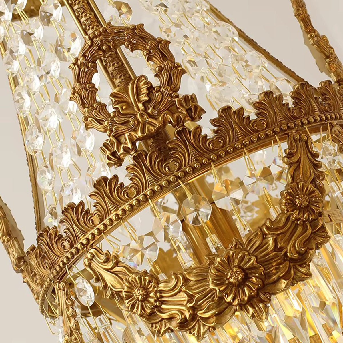 Isambard Crowned Crystal Basket Pendant Light | Cut Crystal and Brass | Angled detail shot highlighting the upper brass crown frame | Severn Lighting