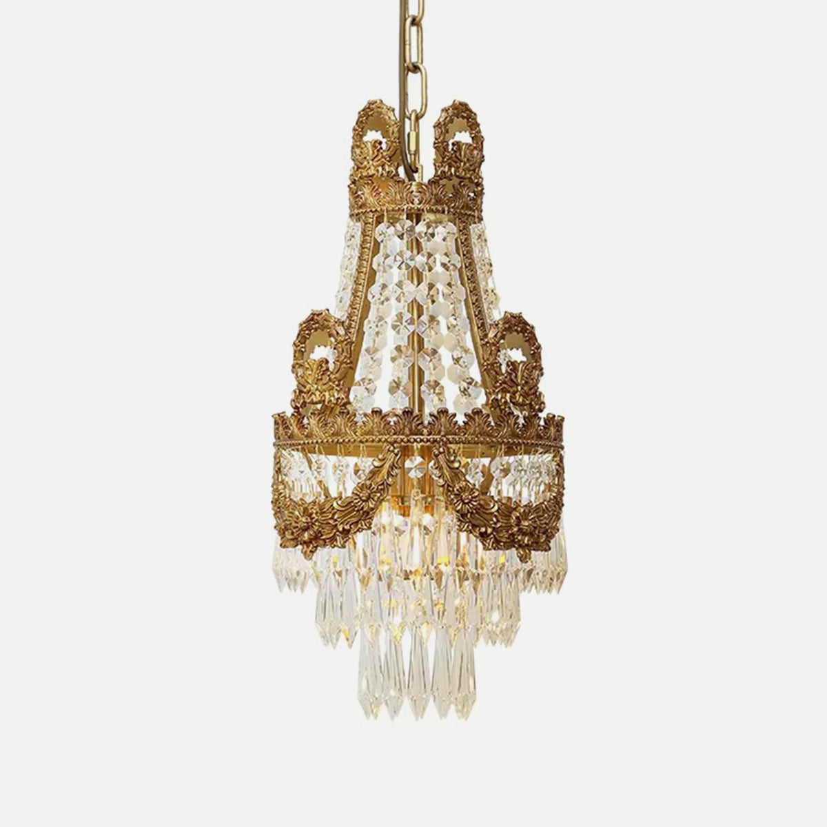 Isambard Crowned Crystal Basket Pendant Light | Cut Crystal and Brass | Front full view on a pure white background, unlit | Severn Lighting