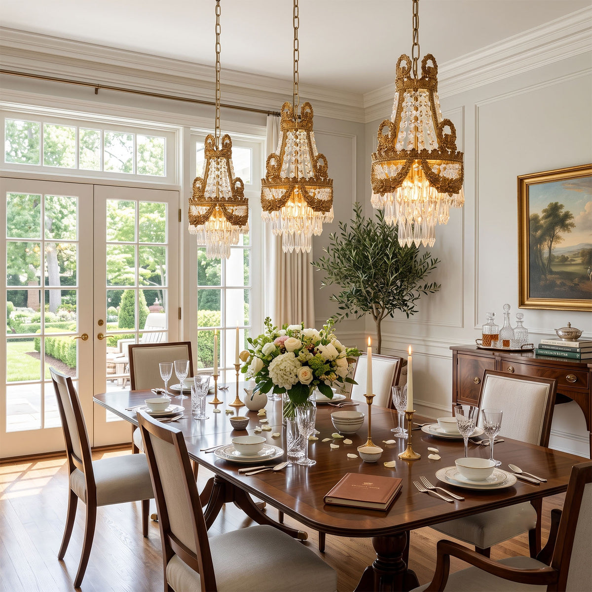 Isambard Crowned Crystal Basket Pendant Light | Cut Crystal and Brass | Centered over a formal dining table with wooden chairs | Severn Lighting