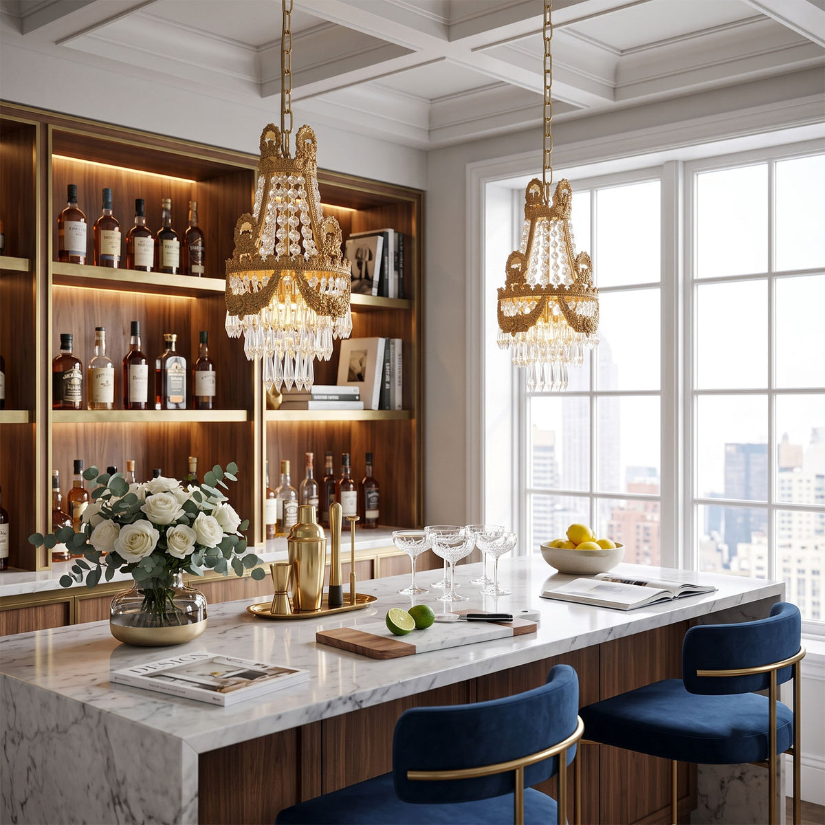 Isambard Crowned Crystal Basket Pendant Light | Cut Crystal and Brass | Pair of lights over a marble kitchen island with blue bar stools | Severn Lighting