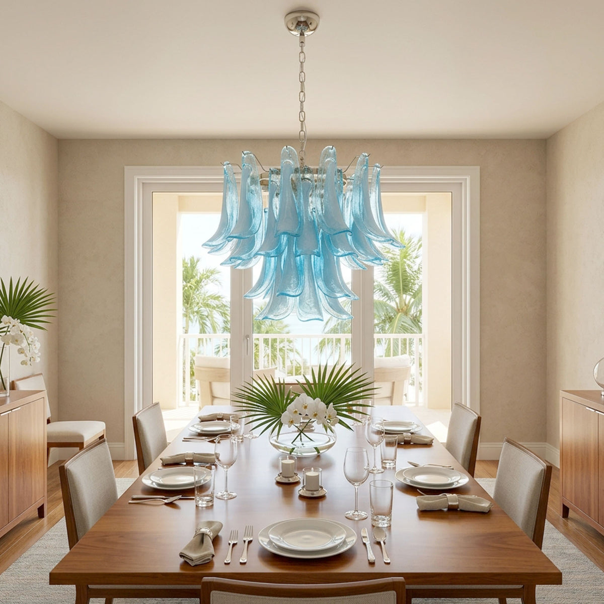 Isar Blue Petal Glass Chandelier | Blue Glass and Brass | Illuminating a long dining table with blue chairs facing coastal views | Severn Lighting